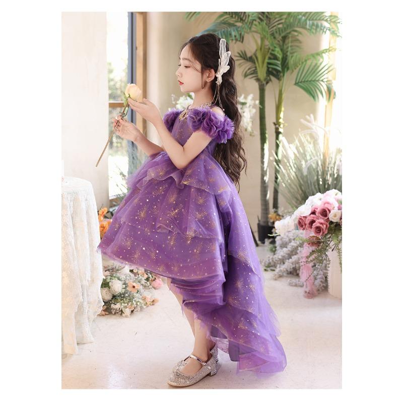 Kids Purple French Princess Evening Gown, Girls Host Wedding Flower Girl Piano Dress