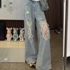 Spring Summer High-Waist Lace-Trimmed Distressed Jeans for Women Loose Wide-Leg Straight Pants Patchwork Design Trendy Pants