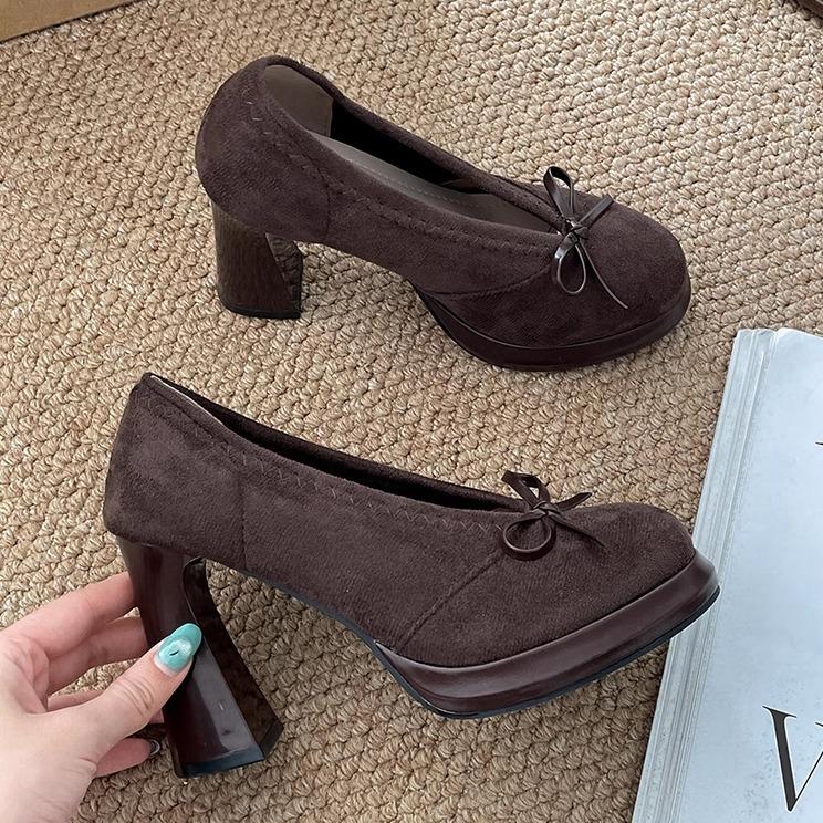 Коричневые туфли на высоком каблуке с бантом в стиле ретро, женские туфли на высоком каблуке, новая осенне-зимняя юбка 2025 года, французские туфли Мэри Джейн