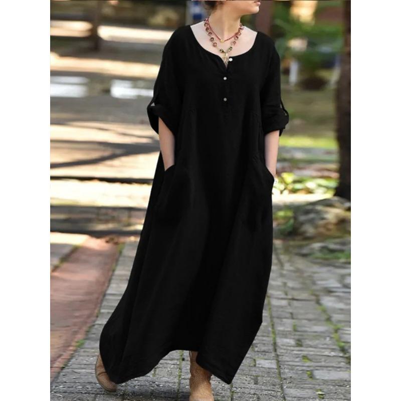 Women's Dress Casual Loose Dresses Long Sleeve V-Neck Pocket Party Plus Size Dresses