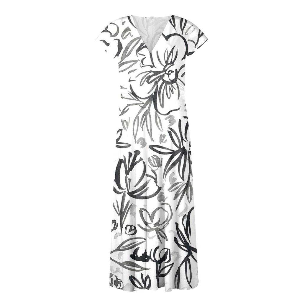 Women's Long Casual Dress Summer Short-Sleeve V-Neck Waist Retraction Printed Dress