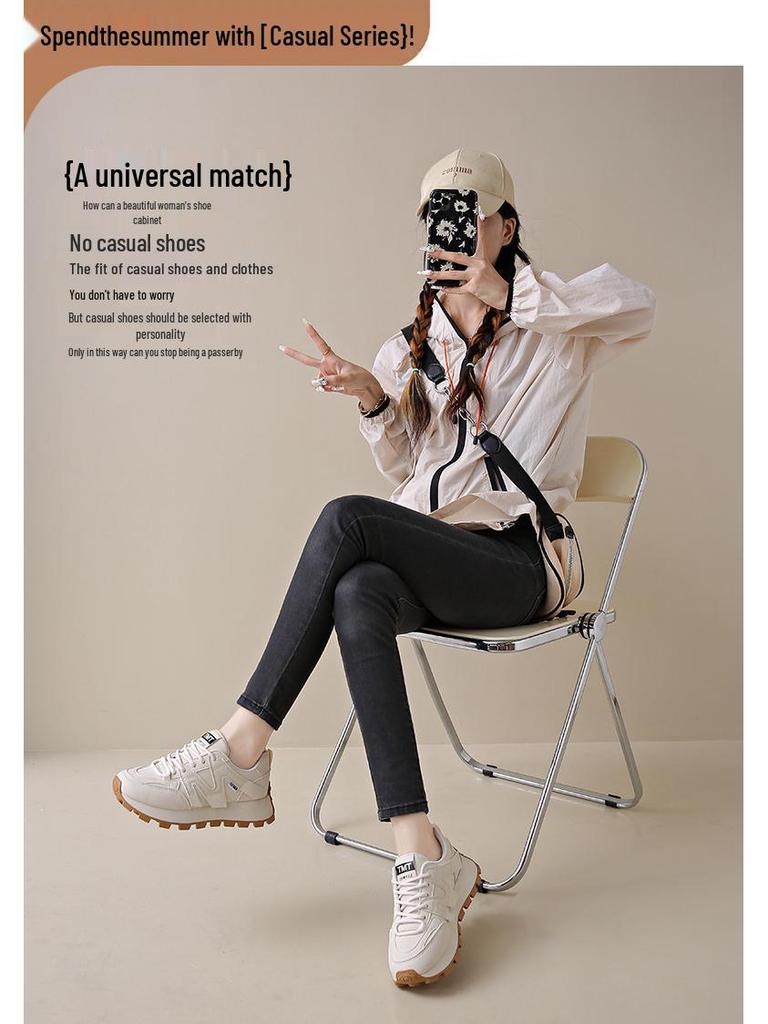 Весна 2025 Женские дышащие белые кроссовки в корейском стиле - Универсальная спортивная повседневная обувь для бега на толстой подошве