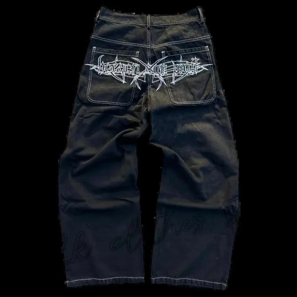 RogueWave Streetwear Джинсы Y2K Ретро Хип-хоп Вышитые Мешковатые Джинсы Ретро Черные Брюки Мужские Женские Новые С Завышенной Талией Широкие Штанины
