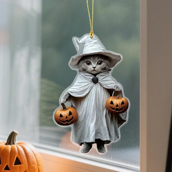 Car Mirror Hanging Decoration Cartoon Witch Cat/Kids 2D Flat Acrylic Pendant Halloween Car Rearview Mirror Ornament