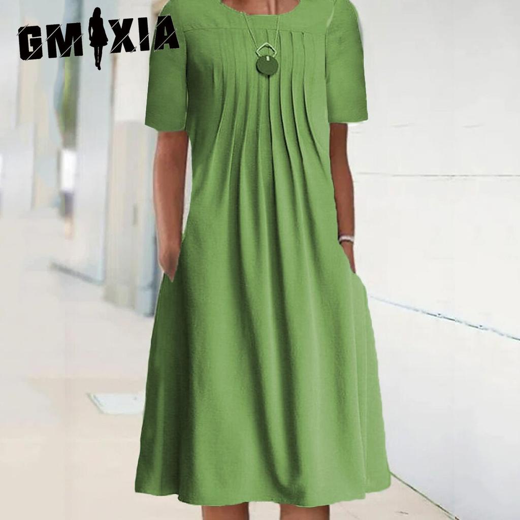 GMXIA Женские платья миди с коротким рукавом и однотонным О-образным вырезом на весну-лето