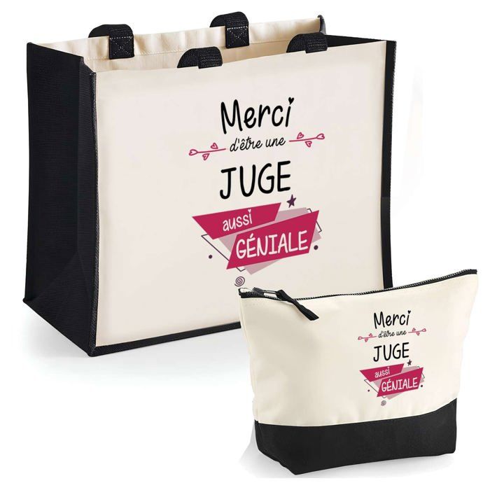 Duo cabas jute et trousse Merci Juge Géniale Cadeau Collègue Anniversaire Noël | Sac de courses Pochette Maquillage Shopping