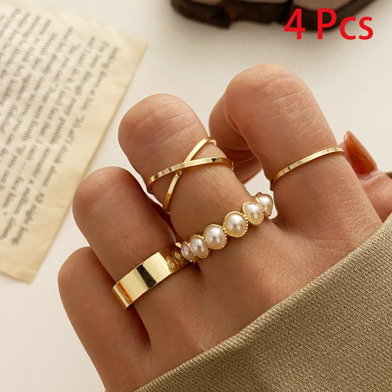 8Pcs/Set Gold Color Imitation Pearl Crystal Rings for Women Geometric Wave Cross Twisted Finger Ring Fashion Jewelry Accessories
