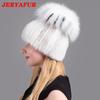 JERYAFUR Вязаная женская шапка с мехом норки пэчворк