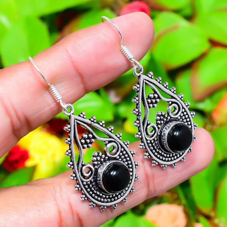 Серьги ручной работы из стерлингового серебра 925 пробы с натуральным черным ониксом 2,05 дюйма Y4e81