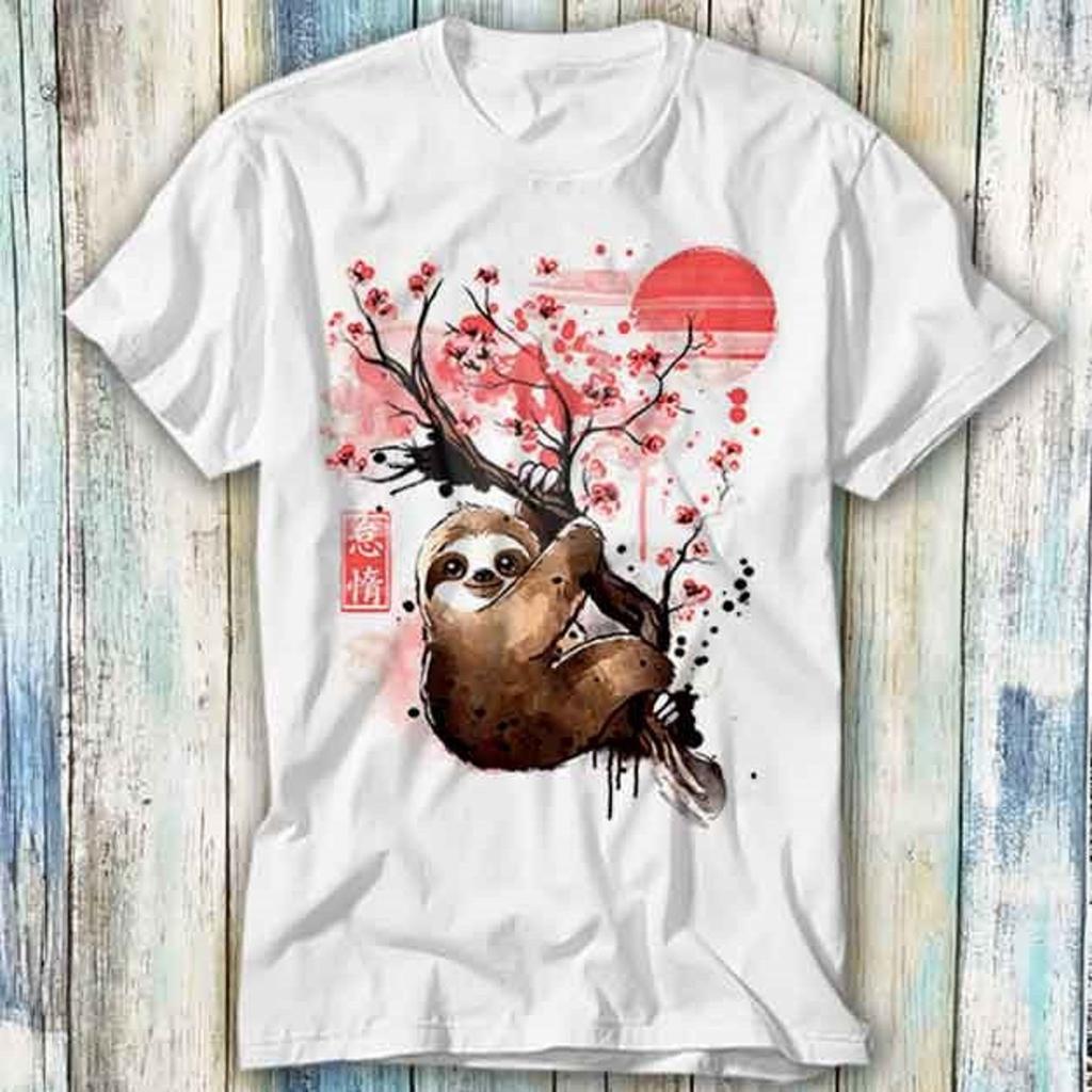 Sloth Red Sun Sakura Japanese Tree T Shirt Meme Gift Funny Top Tee Style Unisex Gamer Movie Music 762