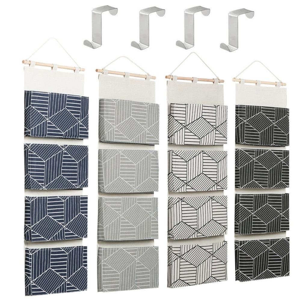 Over Door Hanging Storage Bags Wall Mount Closet Organizer, 4 Big Pockets Linen Cotton Fabric Living Room Bedroom Bathroom