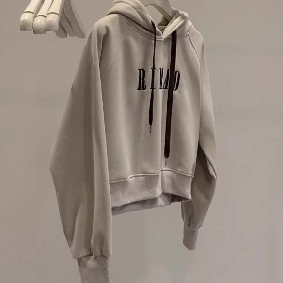 European and American real shots Lazy wind hooded sweater women's spring and autumn thin loose and thin short letter embroidered velvet top