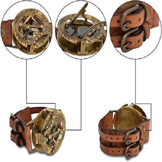 Nautical Vintage Steampunk Sundial Compass Wristwatch Leather Bracelet Handmade