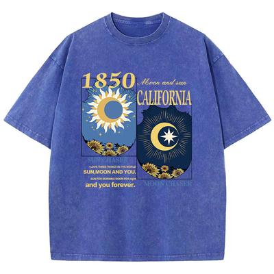 Летняя женская хлопковая стираная футболка California 1850 Sun And Moon Chaser Print Tee Shirt Fashion Casual Tops Loose Female Clothes