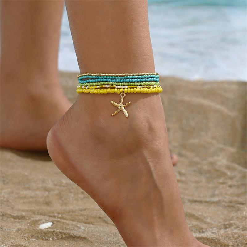 Bohemia Multilayer Rice Bead Anklet Set for Women Fashion Starfish Pendant Anklets Summer Sandy Beach Ankle Chain On Leg Jewelry