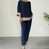 2 Pcs/Set Women Top Pants Suit Round Neck Three Quarter Sleeves Contrast Color T-shirt