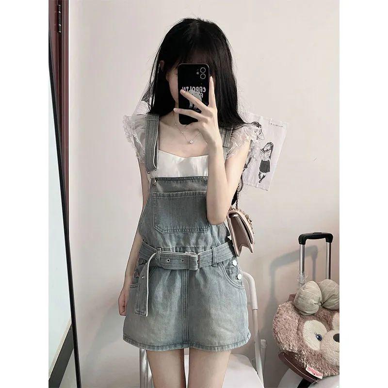Ретро Джинсовый комбинезон-юбка А-силуэта в Гонконгском стиле - Женская летняя мода, Нишевый дизайн, Стройнящая короткая юбка для дерзкой девушки