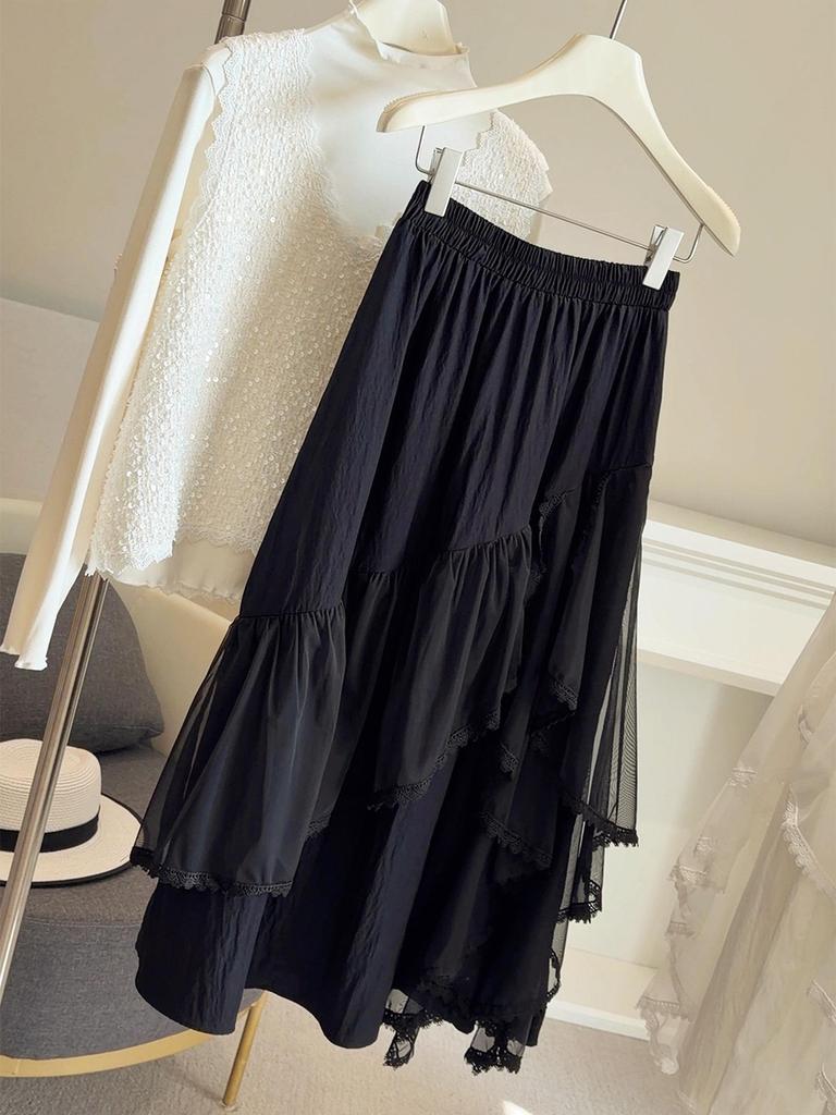 Spring 2026 Irregular Lace Trim Mesh Midi Skirt: High-Waist, Slimming A-Line for Women