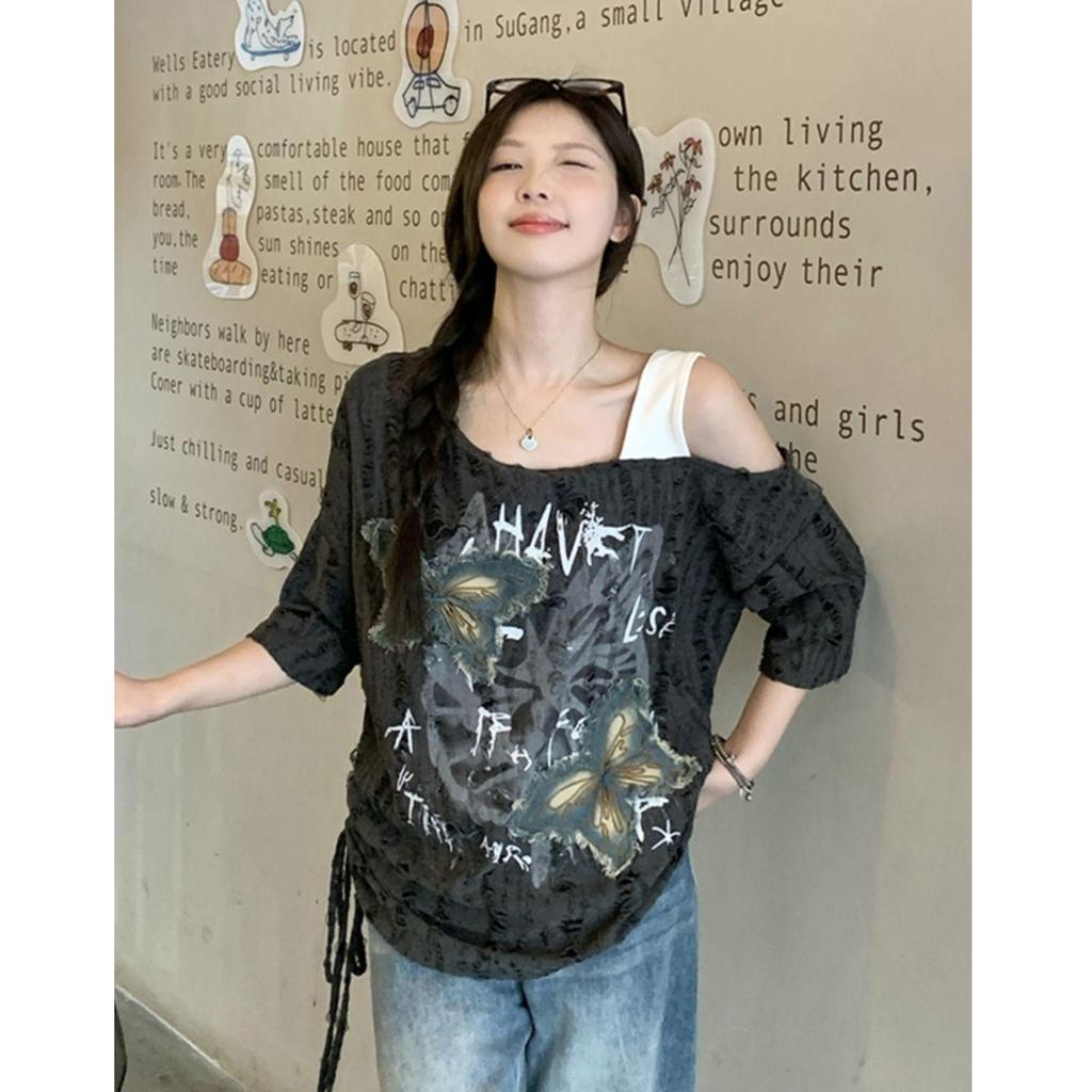 2025 Summer Chic Butterfly Off-Shoulder Women's Distressed Short Sleeve T-Shirt
