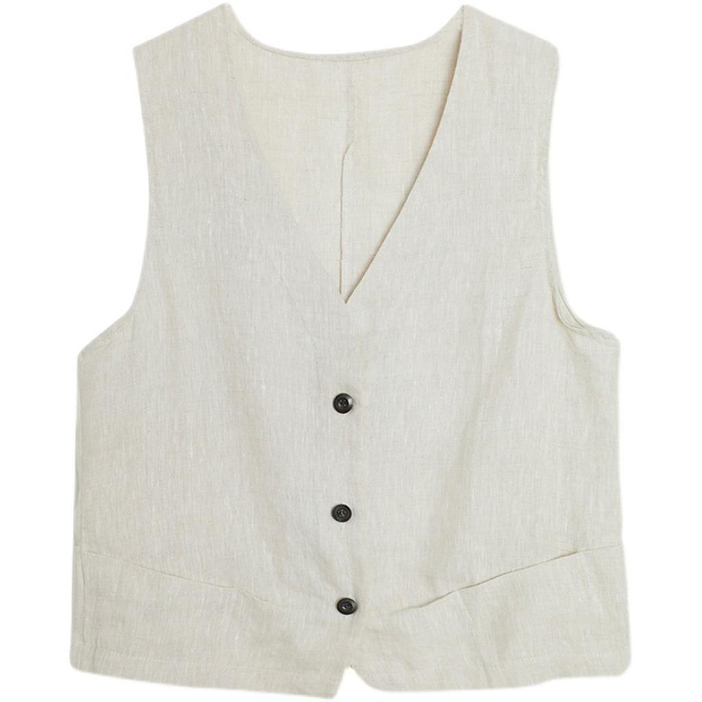 Retro Linen Vest For Women Loose And Versatile Sleeveless Casual Slim Vest Solid Color Waistcoat Cotton And Linen Short Jacket