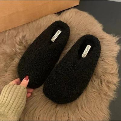 Модные мюли на толстом каблуке из роскошной овечьей шерсти, зимняя обувь, женские шлепанцы, плоские шлепанцы с закрытым носком, теплые шлепанцы из кудрявой овечьей шерсти для женщин