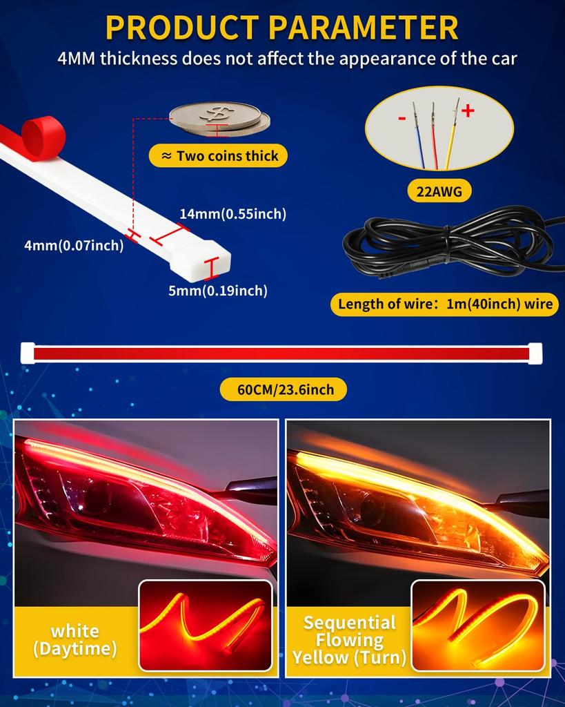 Светодиодная лента DUOFU365 для капота автомобиля, ультратонкая, 2 цвета, переключение, последовательный поток, водонепроницаемая, боковое свечение, общий тип, капот, 2 шт.