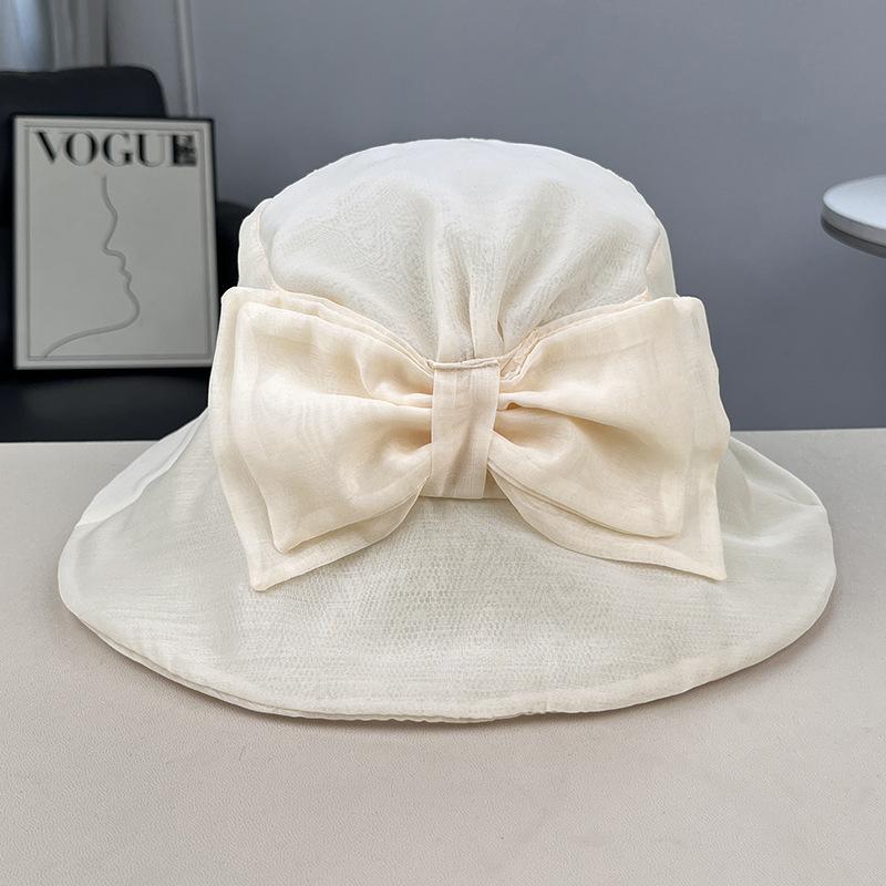 New mesh bow big eaves bucket hat women's spring and summer breathable sunscreen face small sun hat versatile sun hat