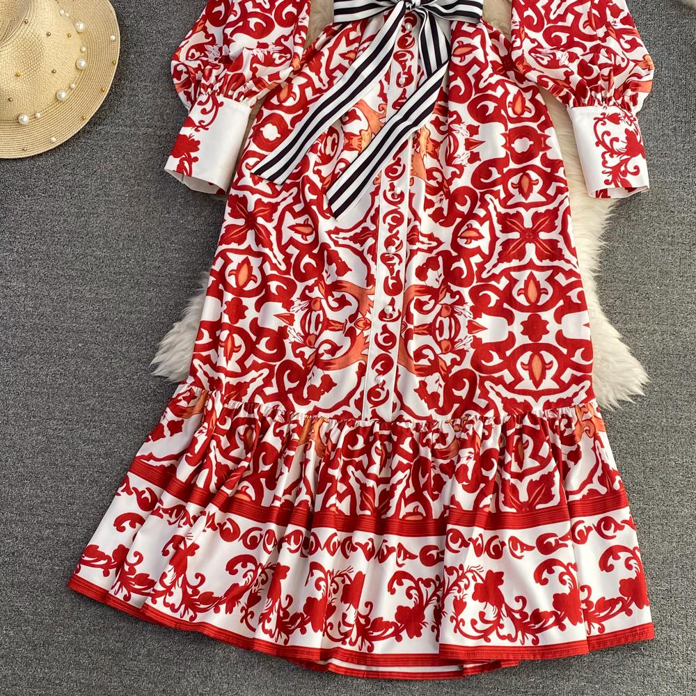 Осеннее модное богемное длинное макси-платье с геометрическим цветочным принтом, женское платье из поплина с воротником-фонариком и рукавами-фонариками на шнуровке, отпускные платья