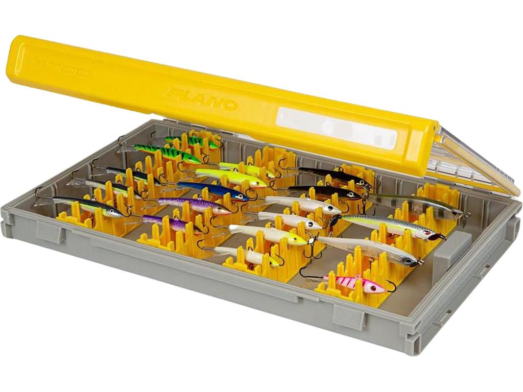 Plano Edge 3700 Вертикальная коробка для джиг-спинбейтов для хранения рыболовных снастей Серая и желтая Вмещает до 52 вертикальных приманок Защищенная от ржавчины Водонепроницаемая Коробка-органайзер для приманок & - - -
