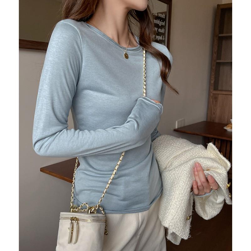 Womens Slim Fit Round Neck Long Sleeve T-Shirt Cotton Blend Base Layer Top Casual Korean Style