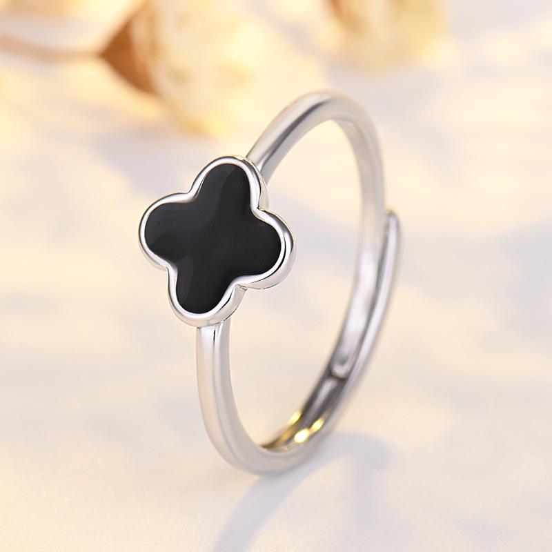 Элегантное черное кольцо с четырьмя листочками клевера – серебро и розовое золото, универсальный парный дизайн