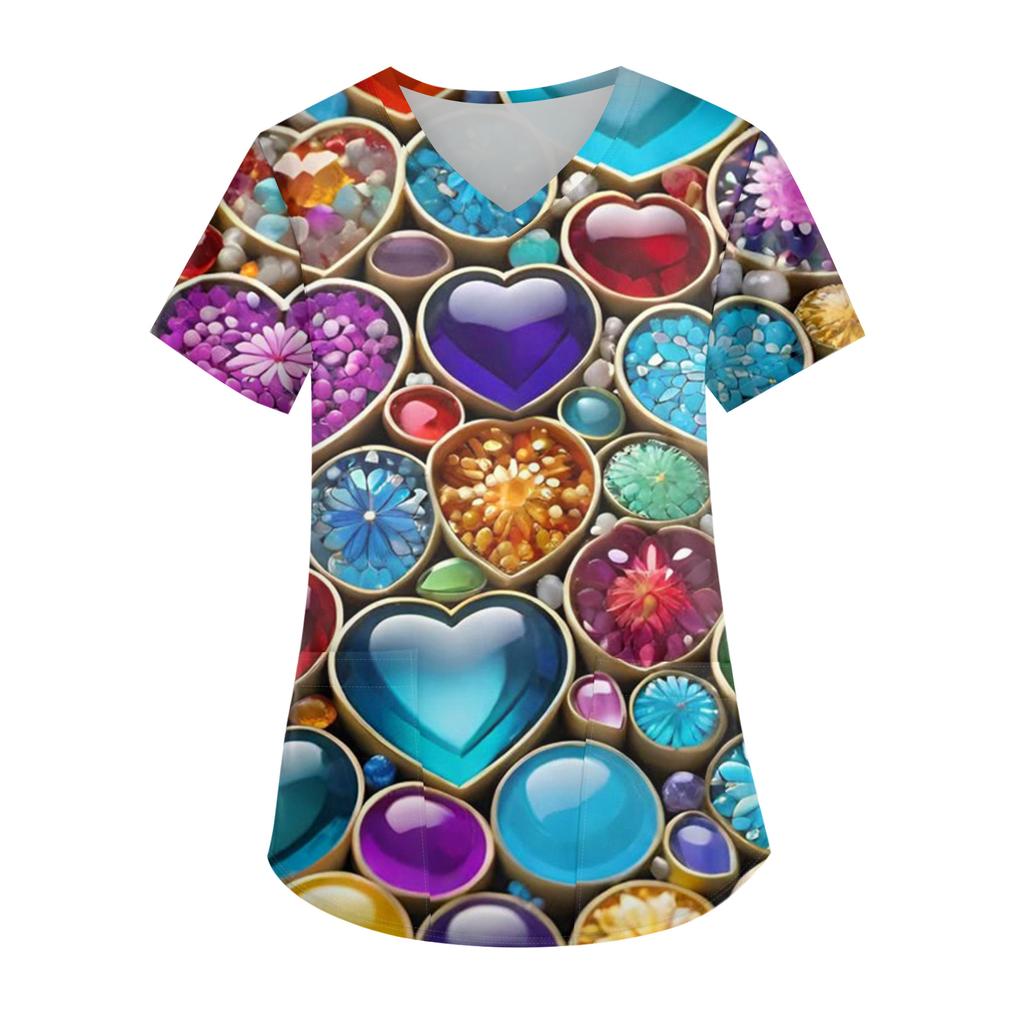 Женская модная футболка с V-образным вырезом, карманом и короткими рукавами с принтом ко Дню святого Валентина, униформа и топ для воспитателя