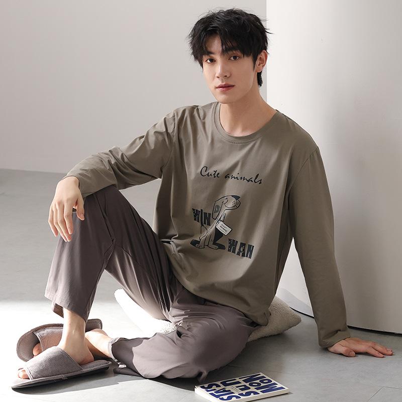 Тип Пижамный костюм из чистого хлопка на осень-зиму для мужчин с длинными рукавами из хлопка, комплект домашней одежды для мужчин, мягкая домашняя одежда для мужчин