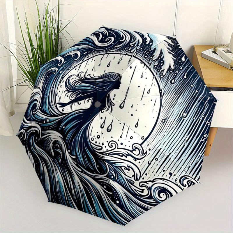 1pc Ocean Waves Auto Open/Close Umbrella, Portable Folding Umbrella for Travel, Themed Events,