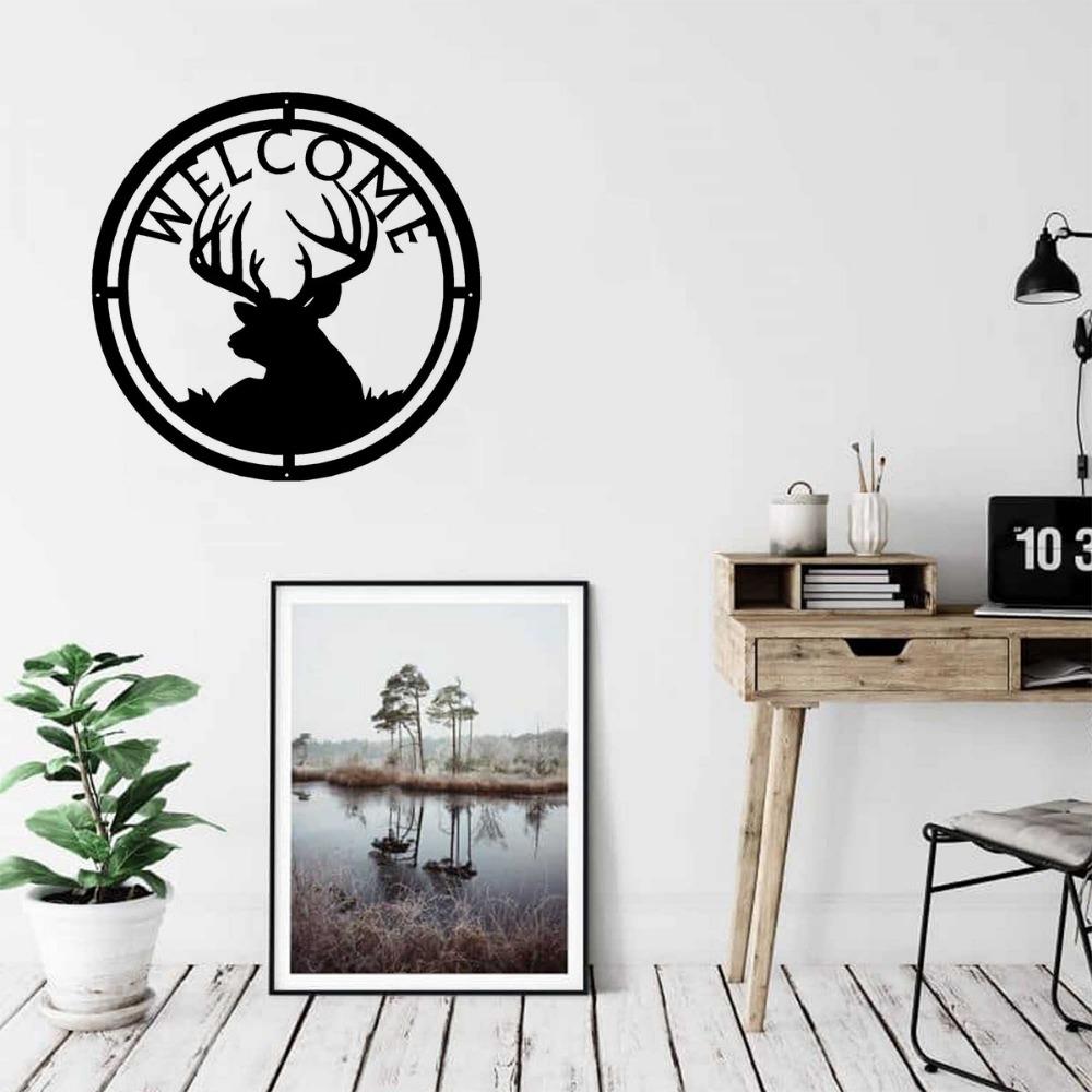 New Deer Buck Head, Deer Family Elk Head Welcome Sign - 12.5" Round Metal Wall Art for Rustic Home Décor and Outdoor Spaces
