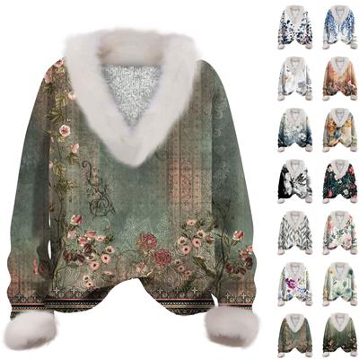 Женская мода повседневная футболка с длинным рукавом и V-образным вырезом с принтом