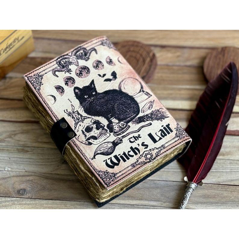Кожаный журнал Волшебник заклинаний Кошачья книга Пустая тетрадь магии Книга теней Викканская языческая гримуарная книга для путешествий Зарисовка