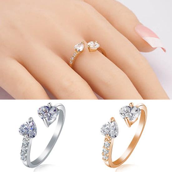 Women's Double Love Heart Open Ring Shiny Zircon Copper Wedding Bridal Jewelry