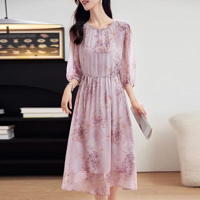 Жоржеттовое цветочное шелковое платье женское летнее новое со средним рукавом круглым вырезом шнуровкой тонкая юбка из шелка-тутового дерева