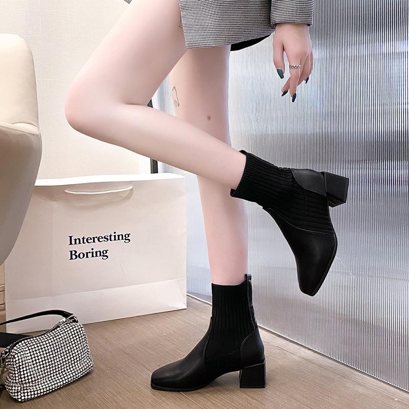 British Style Martin Skinny Short Boots Spring And Autumn New High Heel Socks Boots Single Boots Thick Heel Women 'S Shoes