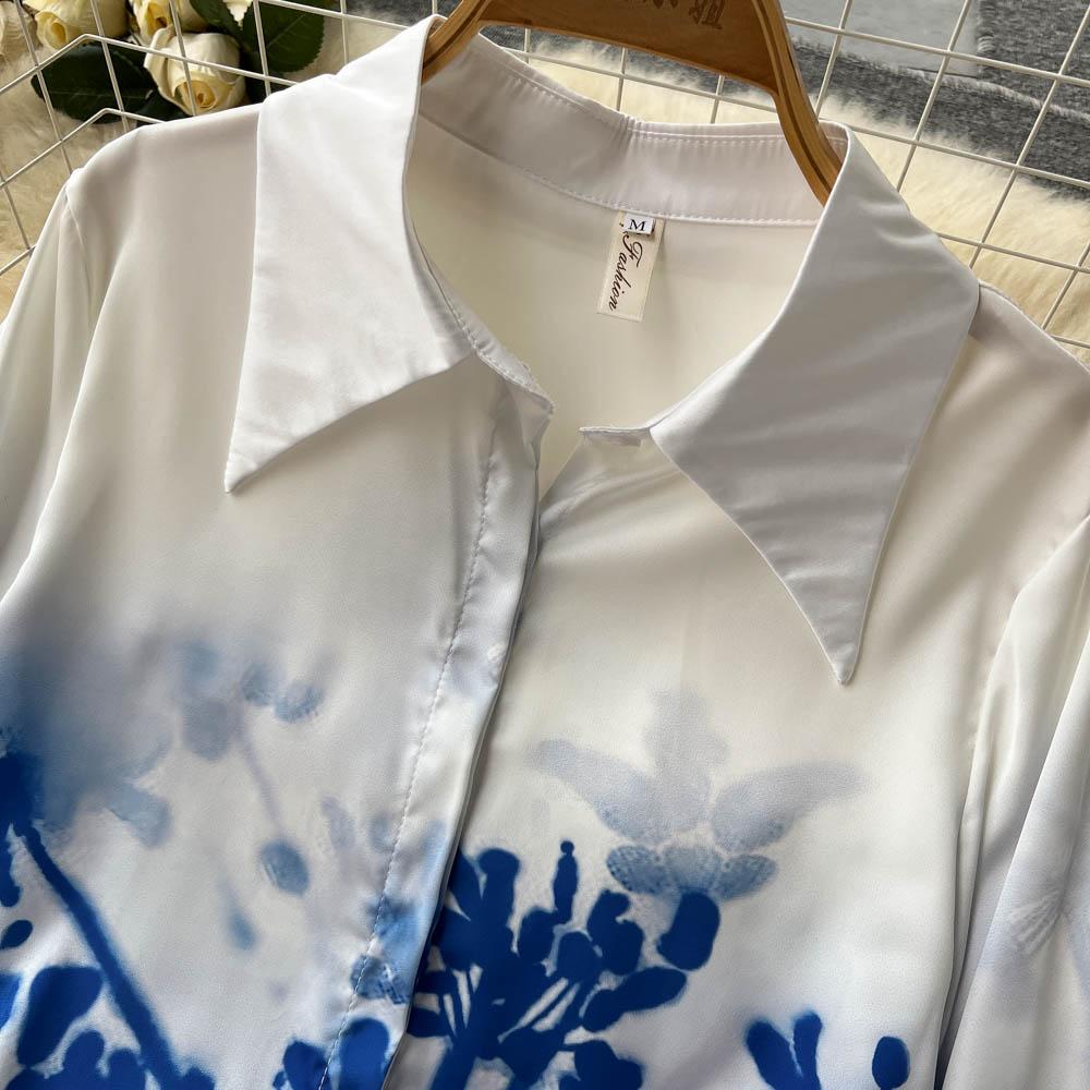 Элегантный темперамент Поло-воротник Синяя рубашка с принтом с длинным рукавом Женская Высококачественная плиссированная юбка Модный костюм-двойка