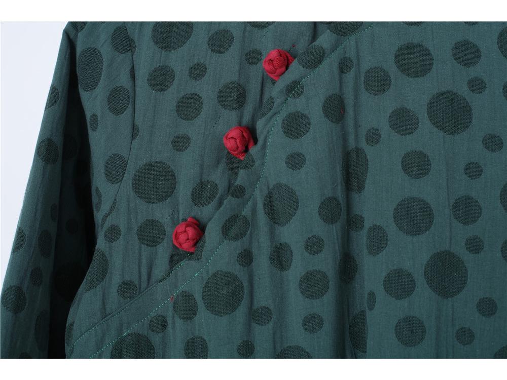 Осенне-зимнее этническое хлопково-льняное длинное платье на флисовой подкладке с застежками-лягушками и юбкой-фонариком.