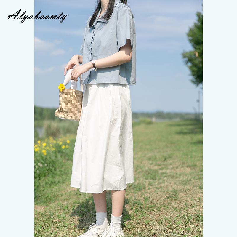 Японская Mori Girl Летняя Женская Белая Миди-юбка с Высокой Посадкой Базовая Повседневная Свободная Хлопковая Юбка Милая Базовая Женская Юбка на Все Случаи Жизни