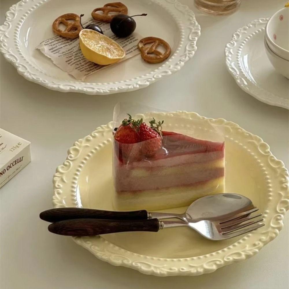 Embossed Design Ceramic Dessert Plate White/Yellow Color Western Dining Tableware Kitchen Use