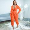 European & American Plus Size V-Neck Solid Color Casual Two-Piece Legging Suit for Women