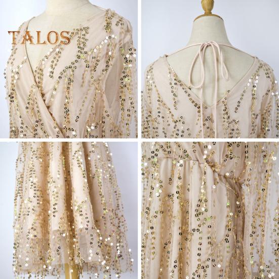 Женское вечернее платье с пайетками, кисточками, V-образным вырезом, длинными рукавами, А-силуэтом, плиссированным двухслойным платьем с тонкой талией и регулируемыми бретелями для свадебного коктейля