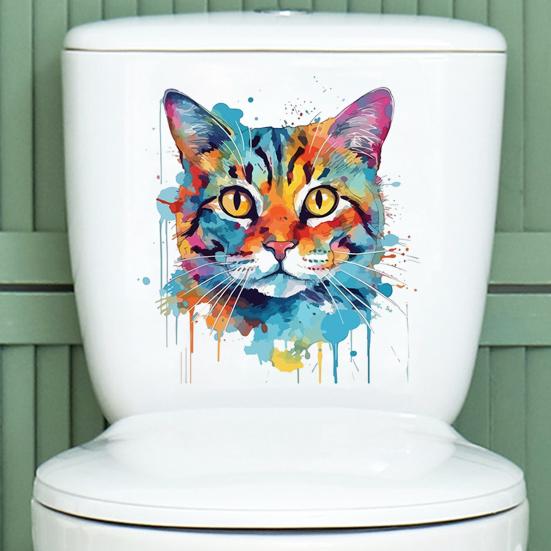 Цветной рисунок наклейка на унитаз с котом, водонепроницаемая, съемная, самоклеящаяся, ПВХ, настенное искусство для гостиной, ванной комнаты, акварель, котенок, декоративная наклейка на крышку унитаза