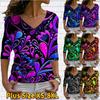 Women Autumn Floral Colorful Flowers and Plants Printed Long Sleeve T-Shirts Loose V-Neck Plus Size Tee Shirt Tops Comfy Blouse
