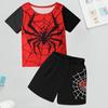 4-14 Years Children's Cool Boys Cute Girls 3D Contrasting Colors Spider Print Polyester Short Sleeve T-shirt And Shorts Sets