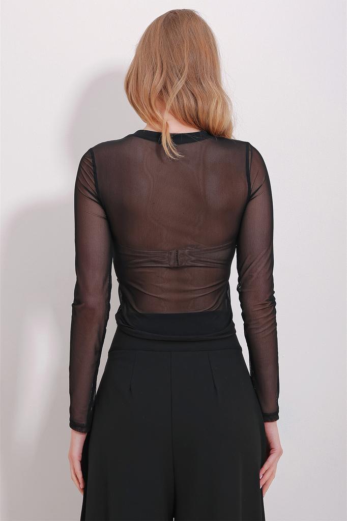 Women's Blouse New Season Fashion Black Crew Neck Tulle Detailed Front Draped Blouse